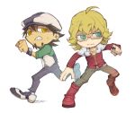  2boys barnaby_brooks_jr blonde_hair boots brown_hair cabbie_hat chibi facial_hair glasses graphite_(medium) green_eyes hat jacket jewelry kaburagi_t_kotetsu metaru110 mixed_media multiple_boys necktie no_nose red_jacket ring stubble tiger_&amp;_bunny traditional_media vest waistcoat yellow_eyes 