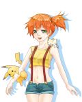  1girl bare_shoulders crop_top green_eyes kasumi_(pokemon) midriff navel open_mouth orange_hair parted_lips pikachu pokemon pokemon_(anime) pokemon_(creature) shadow shorts side_ponytail simple_background star123436 suspenders tank_top thigh_gap togepi 