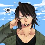  1boy bespectacled blush brown_eyes brown_hair facial_hair glasses hand_behind_head linego solo stubble sweat tiger_&amp;_bunny 