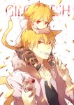  adult animal_ears blonde_hair cat_ears cat_tail character_name child child_gilgamesh coin dual_persona fang fate/hollow_ataraxia fate/stay_night fate_(series) food fork gilgamesh ice_cream kemonomimi_mode ludwig_mayer male multiple_boys parfait person_on_head piggyback red_eyes short_hair slit_pupils smile sundae tail white_background young 
