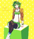  bad_id character_name goggles goggles_on_head green_eyes green_hair gui gumi megpoid_(vocaloid3) midriff navel open_mouth rough short_hair shorts sitting smile solo suspenders thigh-highs thighhighs vocaloid 