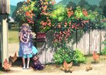  1girl animal apron bangs bf._(sogogiching) bird black_shirt blue_eyes blue_skirt blush cat chick chicken commentary_request day dog fence flower grey_hair hat holding holding_cat long_hair looking_at_viewer mailbox_(incoming_mail) original outdoors red_flower shirt skirt smile solo standing waist_apron wavy_hair white_footwear wooden_fence 