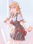  absurdres alternate_hairstyle bespectacled blonde_hair blush book braid glasses highres long_hair monogatari_(series) oshino_shinobu red-framed_glasses school_uniform smile solo twin_braids yellow_eyes yoshikawa_kazunori 