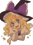  alternate_eye_color blonde_hair blue_eyes bow chin_rest hat hat_bow kirisame_marisa long_sleeves smile solo star touhou usaki witch witch_hat 