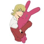  barnaby_brooks_jr blonde_hair flat_color glasses green_eyes hug jacket metaru110 red_jacket simple_background stuffed_animal stuffed_bunny stuffed_toy tiger_&amp;_bunny white_background 