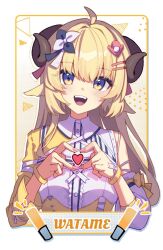  1girl animal_ears asymmetrical_clothes asymmetrical_sleeves blonde_hair blue_eyes character_name hair_ornament hairclip heart heart_hands highres hololive hololive_idol_uniform_(color_rise) horns idol_clothes long_hair multicolored_shirt official_alternate_costume sheep_ears sheep_girl sheep_horns simple_background smile solo tsunomaki_watame virtual_youtuber yokura_(yukilina) 