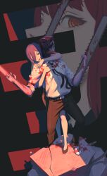  1boy 2girls alternate_form black_necktie black_pants blood blood_on_clothes chainsaw chainsaw_man denji_(chainsaw_man) highres hug hug_from_behind makima_(chainsaw_man) multiple_girls muranomiro necktie open_mouth pants purple_hair red_hair reze_(chainsaw_man) ringed_eyes sharp_teeth shirt teeth white_shirt 