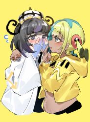  2girls aqua_hair black_dress black_hair blonde_hair blue_gloves blush bob_cut canari_(pokemon) coat commentary covering_own_mouth cropped_jacket dark-skinned_female dark_skin dress fumi_(fyvr2372) gloves gwynn_(pokemon) hat highres jacket long_sleeves looking_at_another midriff multicolored_hair multiple_girls navel partially_fingerless_gloves pokemon pokemon_legends:_z-a purple_hair short_hair split-color_hair violet_eyes white_coat yellow_background yellow_jacket yuri 