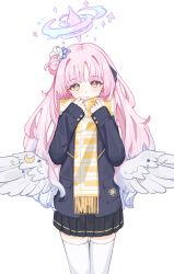  1girl absurdres alternate_costume angel_wings black_skirt blue_archive blue_jacket blunt_bangs closed_mouth cropped_legs feathered_wings flower hair_bun hair_flower hair_ornament halo hands_up highres jacket long_hair long_sleeves looking_at_viewer low_wings mika_(blue_archive) pink_hair pink_halo pleated_skirt purple_flower scarf school_uniform simple_background single_side_bun skirt smile solo susuky thigh-highs trinity_general_school_logo white_background white_thighhighs white_wings wing_ornament wings yellow_eyes yellow_scarf zettai_ryouiki 