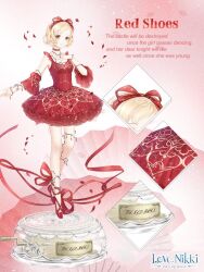  1girl ankle_ribbon artist_request ballerina ballet_slippers bare_legs bare_shoulders blonde_hair brown_eyes character_name choker close-up closed_mouth colored_petticoat copyright_logo detached_sleeves dot_nose english_text eyelashes frilled_leotard frills full_body hair_ribbon hand_on_own_chest happy leg_ribbon leotard light_blush light_particles logo looking_at_viewer miniskirt miracle_nikki music_box nikki_(series) official_art petals pink_background plant pleated_sleeves print_leotard print_skirt red_choker red_leotard red_ribbon red_shoes red_shoes_(miracle_nikki) red_skirt red_sleeves ribbon rose_petals shell shoes short_hair short_sleeves skirt smile solo standing studded_choker tareme third-party_source thorns tiptoes tutu vines 