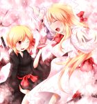  ^_^ bad_id blonde_hair cherry_blossoms closed_eyes eyes_closed fang gourd hat hat_removed headwear_removed highres japanese_clothes kimono kuroyume_(dark495) lily_white long_hair multiple_girls open_mouth outstretched_arms red_eyes ribbon rumia sakazuki short_hair smile sword touhou tree weapon wide_sleeves wink youkai 