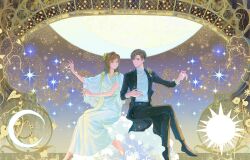  1boy 1girl absurdres artem_wing_(tears_of_themis) barefoot black_coat black_shoes black_suit brown_hair coat commentary dress highres lingcod_dayu long_hair looking_at_another moon ornate plant rosa_(tears_of_themis) shirt shoes short_hair sitting star_(symbol) suit sun symbol-only_commentary tears_of_themis white_dress white_shirt 