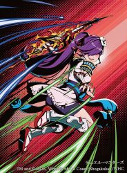  1girl 2025 armor aura black_shorts copyright_notice duel_masters flower hair_flower hair_ornament hair_over_eyes hair_ribbon high_ponytail holding holding_sword holding_weapon islay_(duel_masters) japanese_clothes kimono leg_armor long_hair looking_back niwachichi_(maekawasan) official_art okobo open_mouth pink_flower pink_kimono platform_sandals ponytail purple_hair red_ribbon ribbon sandals shorts shoulder_armor socks solo sword teeth upper_teeth_only vambraces weapon white_socks 