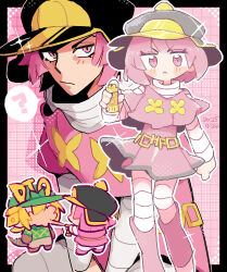  1boy 1girl ? belt black_border blonde_hair blunt_ends boots border capelet chibi chibi_inset commentary cream_starter_(stand) diego_brando dress full_body gloves hashtag-only_commentary hat high_collar highres hot_pants_(sbr) jojo_no_kimyou_na_bouken long_sleeves multiple_views pantyhose pink_eyes pink_hair rizometa28 scary_monsters_(stand) short_hair spoken_question_mark steel_ball_run striped_clothes striped_pantyhose striped_sleeves 