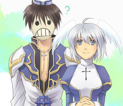  1boy 1girl ? ahoge alternate_color beretta_de_camera black_coat blue_coat blue_dress blue_eyes brown_hair celestial_s closed_mouth coat commentary_request cross cross_necklace cross_of_prontera dress feathered_wings gold_trim grey_hair hair_between_eyes hat head_wings high_priest_(ragnarok_online) jewelry juliet_sleeves long_sleeves looking_at_viewer lowres mask masked necklace puffy_sleeves ragnarok_online short_hair smile two-tone_dress upper_body white_coat white_dress white_hat white_wings wings 