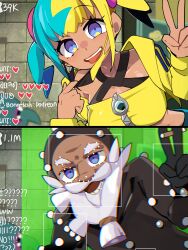  absurdres aqua_hair beard blonde_hair blue_eyes bongftah breasts canari_(pokemon) chat_log commentary dark-skinned_female dark_skin facial_hair highres large_breasts livestream mask old old_man pokemon pokemon_legends:_z-a symbol-only_commentary tarragon_(pokemon) tongue tongue_out v 