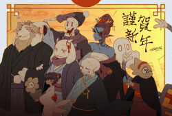  0_0 2021 2d 2others 3girls 4boys alphys alternate_costume alternate_hairstyle animal animal_ears anthro artist_name asgore_dreemurr beanie beard black_eyepatch black_shorts blonde_hair blue_jacket blue_shorts blue_skin border brothers brown_hair brown_hat buck_teeth bulging_eyes cape child colored_sclera cousins creature digital_media droopy_ears ear_fins everyone eyepatch facial_hair female fins fish fish_girl floppy_ears flower flower_pot forut_dondon frisk_(undertale) furry furry_female furry_male ghost gloves goat goat_boy goat_ears goat_girl goat_horns gradient_background grey_hood hairband hakama_pants haori hat head_fins height_difference highres holding holding_animal holding_creature holding_flower_pot hood hood_down hooded_jacket horns human humanoid ink jacket japanese_clothes kimono lizard lizard_girl long_hair male mammal mettaton mettaton_(box) monster monster_boy monster_girl multiple_boys multiple_girls multiple_others napstablook new_year non-humanoid_robot octopus one_eye_closed open_clothes open_jacket orange_background papyrus_(undertale) plant potted_plant red_cape red_gloves red_hair red_hairband red_scarf reptile reptile_girl robot robot_boy sans_(undertale) sarashi scalie scarf sharp_teeth short_hair shorts siblings simple_background single_vertical_stripe sitting skeleton slit_pupils striped_shorts teeth toriel undead undertale undyne utdr_(toby_fox) white_border white_gloves white_horns white_shirt yellow_flower yellow_sclera yellow_skin yellow_teeth yukata 