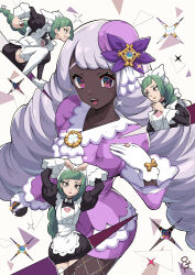  2girls :d apron commentary_request dark-skinned_female dark_skin dress eyelashes fishnet_pantyhose fishnets glint gloves green_hair grey_hair hand_up hat_ornament jacinthe_(pokemon) jewelry lebanne_(pokemon) long_hair multiple_girls multiple_views open_mouth pantyhose pokemon pokemon_legends:_z-a puffy_sleeves purple_dress ring smile sparkle teeth tilted_headwear tongue twintails upper_teeth_only white_apron white_gloves yoshida_(penguindynamite) 