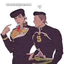  2boys absurdres black_hair dangsineun_meotjyeo! diamond_wa_kudakenai dollar_sign english_text facial_mark gakuran grey_hair higashikata_josuke highres jojo_no_kimyou_na_bouken juice_box male_focus multicolored_hair multiple_boys nijimura_okuyasu peace_symbol pompadour school_uniform two-tone_hair yen_sign 