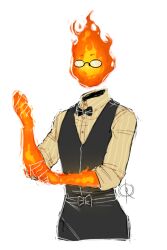  1boy 2016 2d artist_logo bartender black_bowtie black_pants black_vest bowtie clenched_hands digital_media elemental_(creature) fire_elemental flaming_head glasses grillby humanoid leeffi male male_focus male_only monster monster_boy no_mouth orange_skin pants signature simple_background sleeve_rolled_up solo undertale uniform utdr_(toby_fox) vest white_background 