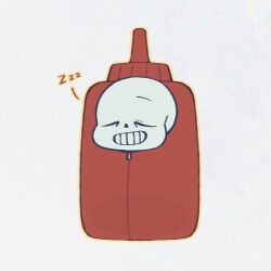  1boy 2021 2d alternate_costume chibi chibi_only closed_eyes cosplay digital_media forut_dondon full_body humanoid ketchup_bottle kigurumi male male_focus male_only monster monster_boy orange_outline outline sans_(undertale) simple_background skeleton sleeping solo teeth undead undertale utdr_(toby_fox) white_background zipper zzz 