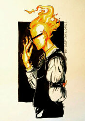  1boy 2018 2d bartender black_background black_bowtie black_pants black_vest bowtie commentary cropped_legs elemental_(creature) english_commentary fire_elemental flaming_head from_side glasses grillby hand_up humanoid ifadko inktober male male_focus male_only monster monster_boy orange_skin pants profile simple_background solo traditional_media two-tone_background undertale uniform utdr_(toby_fox) vest white_background 