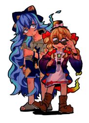  2girls absurdres bangle blue_bow blue_coat blue_eyes blue_hair blue_skirt boots bow bracelet brown_boots coat dress drill_hair eyelashes grey_hoodie hair_bow hat hat_bow highres hood hoodie inuyama_konan jewelry long_hair multicolored_coat multiple_girls multiple_hair_bows necklace orange_hair pendant pink_coat purple_coat raised_eyebrow red_bow round_eyewear short_sleeves simple_background skirt sunglasses top_hat torn_footwear touhou transparent_background twin_drills very_long_hair white_bow white_dress yorigami_jo&#039;on yorigami_shion 