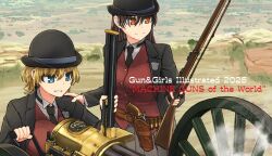  2girls belt black_hat black_jacket black_necktie blonde_hair blue_eyes bowler_hat breasts brown_belt brown_hair commentary_request cowboy_western crank crossdraw_holster english_text finger_on_trigger gatling_gun grey_skirt grin gun hat highres holding holding_gun holding_weapon holster jacket long_hair long_sleeves mc_axis multiple_girls necktie original outdoors pleated_skirt police_badge red_eyes red_vest revolver rifle_cartridge shirt short_hair skirt smile tokihama_jirou trapdoor_springfield vest weapon white_shirt 