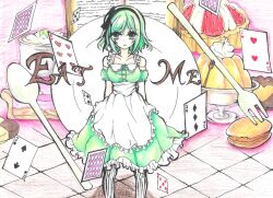  1girl card dessert eat_me food gumi miisu_(minirose) oversized_spoon playing_card sweets vocaloid 
