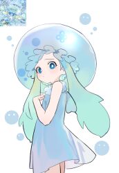  1girl absurdres bare_arms blue_dress blue_eyes bright_pupils closed_mouth commentary cowboy_shot dress highres humanization jellyfish_girl looking_at_viewer mulcharmy_purulia nbee_ya photo-referenced photo_inset simple_background sleeveless sleeveless_dress standing white_background white_pupils yu-gi-oh! 