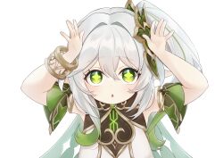  1girl absurdres arms_up bare_shoulders bracelet commentary_request genshin_impact gold_trim green_eyes green_hair hair_between_eyes highres iroha_(mimi0618xx) jewelry long_hair looking_at_viewer multicolored_hair nahida_(genshin_impact) parted_lips pointy_ears rabbit_pose side_ponytail simple_background sleeveless solo star-shaped_pupils star_(symbol) symbol-shaped_pupils twitter_username upper_body white_background white_hair 