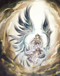  absurdres angel clouds dress nitashiniika silver_hair stockings white_hair wings 