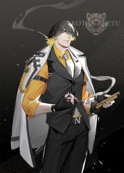  1boy belt black_nails black_pants brown_belt cigar closed_mouth collared_shirt commentary_request fingerless_gloves gloves grey_background highres looking_at_viewer male_focus nagasone_kotetsu ncww_rinichi necktie orange_eyes orange_shirt pants shirt short_hair single_glove smoking solo sword touken_ranbu v-shaped_eyebrows weapon 