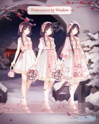  1girl ankle_socks arch architecture artist_request bag bare_arms bare_legs bare_shoulders blunt_bangs bow bow_legwear branch brown_eyes brown_hair capelet character_name chinese_clothes closed_mouth collared_dress copyright_logo dot_nose dress east_asian_architecture english_text eyelashes floral_print flower frilled_hairband frilled_sleeves frilled_socks frills full_body garden gate hair_bow hair_bun hair_flower hair_ornament hairband handbag happy high_collar high_heels holding holding_bag kneehighs knees lattice light_blush logo lolita_fashion lolita_hairband long_hair long_sidelocks looking_at_viewer miracle_nikki night nikki_(series) official_art outdoors parted_bangs petals pink_bag pink_bow pink_hairband pink_shoes pink_sleeves pink_vest pleated_dress plum_blossom_print plum_blossoms print_dress print_hairband print_sleeves puffy_short_sleeves puffy_sleeves pumps qi_lolita rain_of_plum_blossom_(miracle_nikki) red_bow red_flower ribbon-trimmed_socks ribbon_trim see-through_clothes see-through_sleeves shoes short_dress short_hair_with_long_locks short_sleeves sidelocks single_side_bun sleeveless sleeveless_dress smile socks standing tareme third-party_source tree variations very_long_hair vest white_capelet white_dress white_hairband white_socks winter 