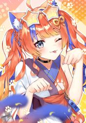 1girl ;q ahoge animal_ear_fluff animal_ear_piercing animal_ears asymmetrical_sleeves black_choker blue_eyes blue_hair blue_nails blurry blurry_foreground blush braid cat_ears cat_girl cat_tail chikuwa_(rinka) choker eyewear_on_head gradient_hair gradient_tail hadanugi_dousa hair_ornament highres japanese_clothes kimono long_hair looking_at_viewer mismatched_sleeves multicolored_hair multicolored_kimono multiple_tails nail_polish nekomata nekoyashiki_miku nijisanji one_eye_closed orange-tinted_eyewear orange_hair paw_pose paw_print red_hair red_kimono rope shimenawa smile solo standing star-shaped_eyewear star_(symbol) streaked_hair sunglasses tail tinted_eyewear tongue tongue_out twintails twintails_with_braided_base twitter_username two_tails upper_body virtual_youtuber white_kimono wide_sleeves yellow_background 