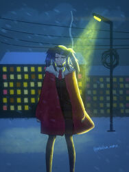  1girl absurdres black_hair check_commentary cigarette coat commentary commentary_request highres jill_stingray long_hair necktie pantyhose partial_commentary red_coat red_eyes red_necktie smoke snow unkn0wn_mama va-11_hall-a winter 
