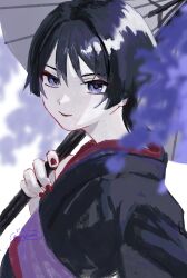  1boy alternate_costume androgynous arm_at_side black_hair black_kimono black_sleeves blunt_ends colored_skin eyeliner eyeshadow genshin_impact highres holding holding_umbrella japanese_clothes juban kimono looking_at_viewer makeup male_focus oil-paper_umbrella painterly portrait purple_sash red_eyeliner red_eyeshadow red_kimono red_lips red_nails sash scaramouche_(genshin_impact) solo tsurime tukitoji0070 umbrella violet_eyes white_skin white_umbrella wispy_bangs 