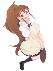  1girl black_skirt bluearcadegames breasts brown_eyes brown_hair collared_shirt dress_shirt full_body highres long_hair medium_breasts ponytail shirt sidelocks skirt smile solo taneshima_popura tray very_long_hair wagnaria_uniform waitress white_shirt working!! 