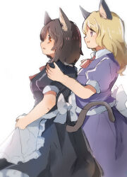  2girls animal_ears apron back_bow black_dress blonde_hair bow brown_hair cat_ears cat_girl cat_tail dress highres maid_apron maribel_hearn medium_hair multiple_girls orange_eyes purple_dress short_hair shukinuko tail touhou upper_body usami_renko violet_eyes 