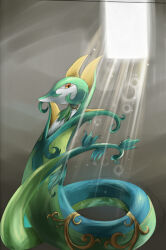  1other commentary facing_to_the_side green_trim grey_background highres indoors kurouri_(kurowri) light_particles looking_to_the_side pokemon pokemon_(creature) pokemon_focus red_eyes serperior slit_pupils snake solo window yellow_trim 