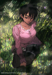  1girl berserk black_hair black_pants brown_eyes casca_(berserk) dappled_sunlight dark-skinned_female dark_skin flower frills grass long_sleeves looking_down misayaandherod on_grass outdoors pants pink_ribbon pink_shirt ribbon sad seiza shirt short_hair sitting solo sunlight 