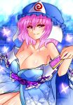  bare_shoulders breasts butterfly cleavage hat huge_breasts japanese_clothes kimono large_breasts off_shoulder pink_eyes pink_hair roki_(hirokix) saigyouji_yuyuko short_hair smile solo touhou triangular_headpiece 
