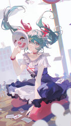  1girl absurdres aqua_eyes aqua_hair blush card choker collarbone commentary crop_top crying crying_with_eyes_open dress hair_between_eyes hair_ornament hatsune_miku highres holding holding_mask lixiang_guo_alice long_hair mask pantyhose parted_lips red_choker red_pantyhose short_sleeves solo symbol-only_commentary tears twintails very_long_hair vocaloid 