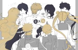  4boys 6+girls adrien_agreste bishoujo_senshi_sailor_moon blonde_hair chainsaw_man chat_noir commentary_request curly_hair denji_(chainsaw_man) double_bun faceless faceless_female faceless_male flower greyscale hair_bun headband hetero highres holding holding_flower hyuuga_hinata jacket ladybug_(miraculous_ladybug) long_hair marinette_dupain-cheng miraculous_ladybug monochrome multiple_boys multiple_girls naruto_(series) naruto_shippuuden nia_teppelin notane_n ponytail reze_(chainsaw_man) school_uniform seiya_kou serafuku simon_(ttgl) spot_color tengen_toppa_gurren_lagann translation_request tsukino_usagi twintails uzumaki_naruto very_long_hair yuri 