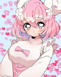  1girl animal_ears blue_background bob_cut borrowed_character bow bright_pupils buttons commission corset crop_top crossed_bangs flower frilled_straps hair_flower hair_ornament heart heart-shaped_pupils heart_background heart_in_eye highres long_sleeves looking_at_viewer motion_blur mouse_ears original pikiru pink_bow pink_corset pink_eyes pink_hair shirt solo symbol-shaped_pupils symbol_in_eye turtleneck upper_body v_arms white_flower white_pupils white_shirt 