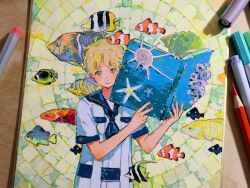  1boy blonde_hair book clownfish colored_pencil_(medium) commentary conch fish green_eyes highres lingcod_dayu looking_at_viewer marker_(medium) open_book original photoshop_(medium) sailor sailor_collar sailor_shirt seashell shell shirt symbol-only_commentary tiles traditional_media 