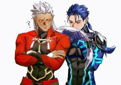  2boys ? archer_(fate) blue_hair code3755 commentary_request covered_abs crossed_arms cu_chulainn_(fate) cu_chulainn_(fate/extra) dark-skinned_male dark_skin fate/extella fate/extella_link fate/extra fate_(series) highres long_hair low-tied_long_hair male_focus multiple_boys ponytail red_eyes shoulder_pads watermark white_eyes white_hair 