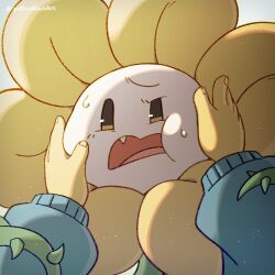  1:1 1boy 1other 2024 2d arm_grab artist_name blue_sweater child digital_media duo flower flower_focus flowey_(undertale) forut_dondon frisk_(undertale) hands_on_another's_cheeks highres human looking_at_viewer male open_mouth other_pov plant portrait pov pov_hands simple_background solo_focus sweater twitter_username undertale utdr_(toby_fox) vines white_background 