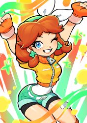  1girl absurdres aqua_hairband aqua_shorts arched_back arms_up bike_shorts bike_shorts_under_shorts black_shorts blue_eyes bow brown_hair commentary_request cropped_jacket denim denim_shorts earrings fingerless_gloves flipped_hair flower_earrings gloves grin hairband highres jacket jewelry kellymae mario_kart mario_kart_world official_alternate_costume one_eye_closed orange_gloves orange_jacket orange_socks parted_bangs princess_daisy princess_daisy_(touring) short_twintails shorts smile socks solo super_mario_bros. twintails undershirt white_bow zipper_pull_tab 