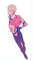  1boy aki_00 bandaid bandaid_on_face bandaid_on_forehead black_pants black_ribbon closed_mouth collared_shirt commentary from_behind full_body gekkoukan_high_school_uniform grey_hair highres looking_at_viewer looking_back male_focus neck_ribbon pants persona persona_3 red_sweater_vest ribbon sanada_akihiko school_uniform shirt short_hair solo standing sweater_vest white_background white_shirt 